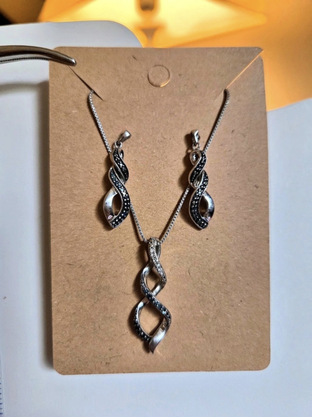 .925 Sterling Silver And Colored Diamonds Necklace and Earring Set